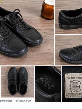 Soft Black Leather Comfort Sneakers Women’s Size 7 Minimalist Lace Up Shoes